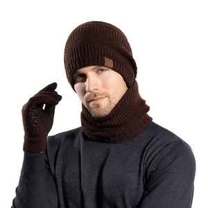 Men's 3-piece dark brown winter knit set including fleece hat, neck warmer, and gloves