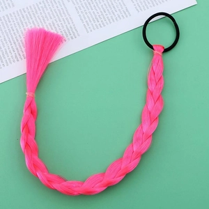 Detail of pink synthetic fiber braided hair extensions for girls with black elastic band