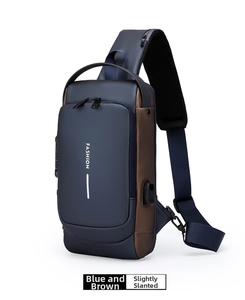 Detail of blue and brown sling bag with USB charging port and anti-theft combination lock