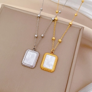 Minimalist Stainless Steel Necklace Square Mother Of Artificial Pearl Pendant Gold Plated Beaded Clavicle Chain Jewelry For Women