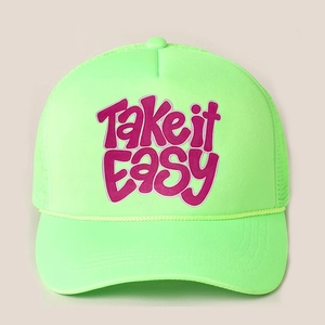 Fluorescent green trucker hat with Take it EASY print and adjustable mesh back