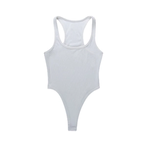 White ribbed knit sleeveless bodysuit for women featuring a U-neck and sleek straps