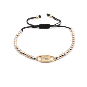 Adjustable Bracelet Tricolor Copper Beads Cubic Zirconia Square Lock Letter C Charm Braided Black Rope Rainbow Jewelry For Unisex