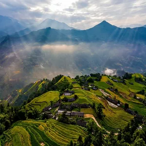 Wall Tapestry Polyester Nature Landscape Mountain Terraced Fields Village Print Hanging Decor Bedroom Living Room Bohemian