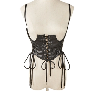 Women's black leather corset belt with lace-up front design on a studio mannequin