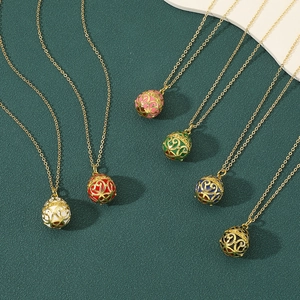 Vintage Russian Style Hollow Egg Pendant Necklace For Women Copper Gold Plated Enamel Zirconia Royal Pattern Neck Chain