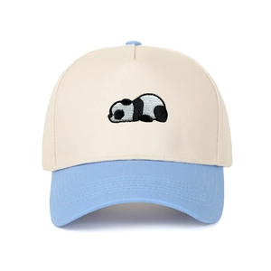 Two-tone baseball cap with panda embroidery in beige and light blue cotton twill