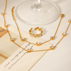 Detailed view of 18K gold plated jewelry set with zircon necklace, bracelet, and ring