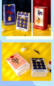 Detail of oil painting style paper gift bags with floral illustrations and seal stickers
