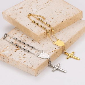 304 Stainless Steel Rosary Bracelet Cross Pendant Saint Benedict Medal Tassel Bead Chain Hip Hop Trendy Jewelry