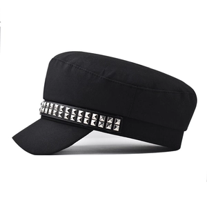 Retro black canvas baker boy hat with double rows of silver metallic square rivets