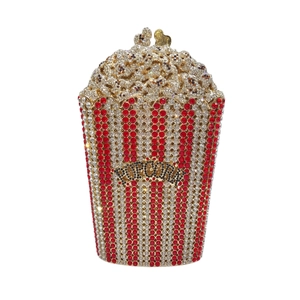 Sparkling crystal encrusted popcorn bucket evening clutch bag with red and white stripes