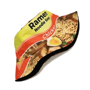 Unisex bucket hat featuring a creative yellow ramen noodle soup pattern design