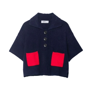 Women Short Sleeve Knit Sweater Cardigan Polo Collar Button Down Contrast Color Pockets Navy Blue Casual Streetwear