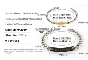 Detailed size chart for stainless steel couple bracelets with 18K gold vacuum plating