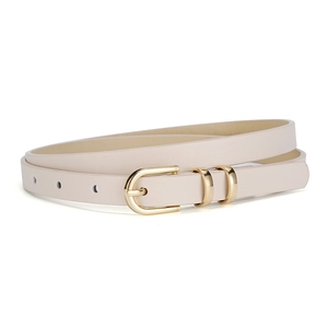 Beige faux leather skinny belt for women with golden semicircular buckle on white background