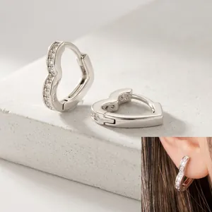 Heart Shaped Hoop Earrings Copper Inlaid Zirconia Silver Plated Huggie Buckle Sweet Style Jewelry For Women
