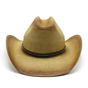 Classic straw cowboy hat with curved brim, brown leather band, and gold metal rivets
