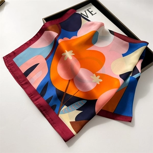 Modern abstract floral print silk square scarf with colorful geometric patterns for women