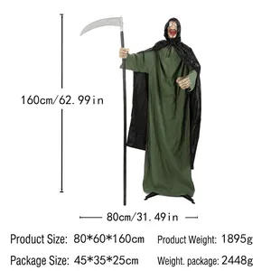 Detail showing a 160cm Halloween standing grim reaper with size and weight dimensions