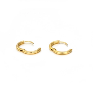 Minimalist pair of golden stainless steel hoop earrings on a clean white background