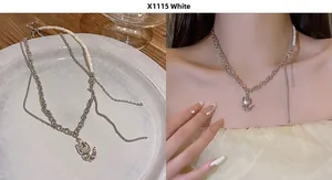 Detail of silver tulip pendant necklace with white bead chain and zircon stones