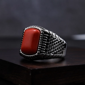Vintage gothic stainless steel men's ring featuring a rectangle red stone and engraved silver band