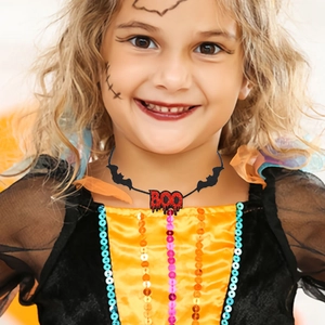 Halloween BOO necklace with red glitter letters and black bat for kids and adults