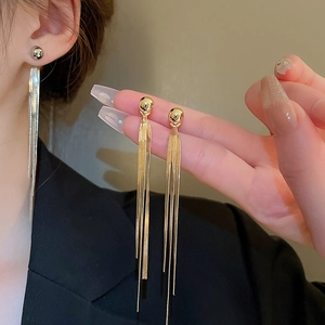 Detailed view of silver and gold long tassel earrings featuring snake bone chain fringe