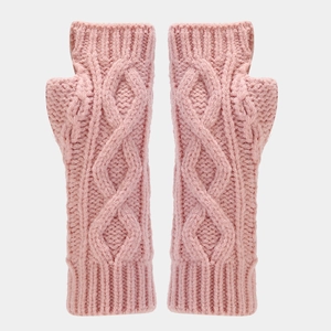 Close-up of pink cable knit fingerless gloves with soft textured arm warmer detail