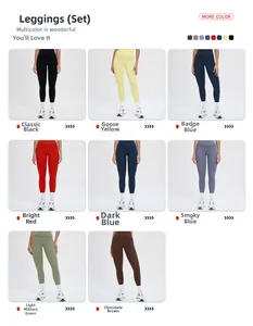 Macro shot showing eight colors of high-waist yoga leggings with elastic brushed fabric