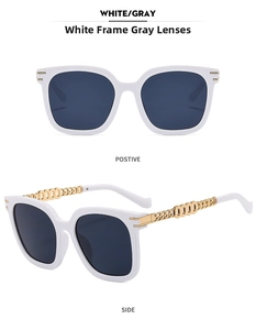 Front and side view of white frame sunglasses with gray lenses and gold chain temples