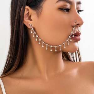 Ethnic Western Style Alloy Rhinestone Tassel Nose Ring To Ear Chain For Women Stage Performance Bohemian Body Jewelry