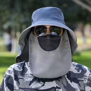 Grey wide brim men's sun hat with removable face mask and neck flap for hiking