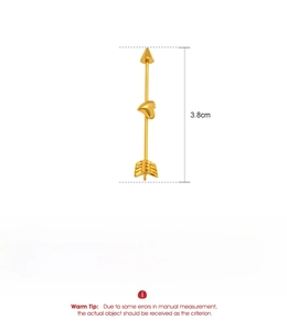 Technical drawing of a 38mm golden stainless steel heart arrow industrial barbell earring