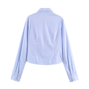 Back view of light blue elastic poplin shirt with slim fit waist and pleated details