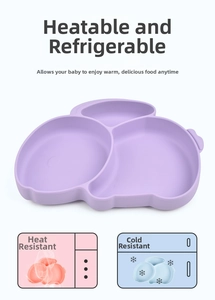 Macro detail of pig-shaped silicone baby plate showing three sections and heat resistance
