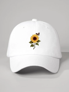 Close-up of sunflower and butterfly print on a white cotton twill baseball cap