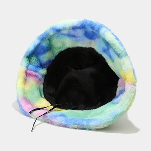 Colorful tie-dye faux fur bucket hat with warm plush texture and adjustable inner strap