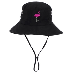 Detail of black sun hat with pink flamingo embroidery and adjustable chin strap