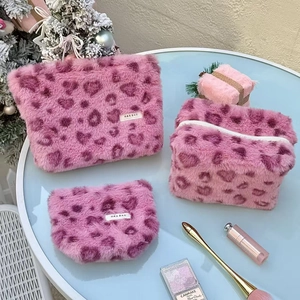 Heart Leopard Print Faux Fur Makeup Bag Plush Cosmetic Case Portable Travel Toiletry Pouch Sweet Kawaii Handbag