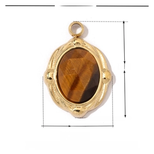 Pendentif ovale en acier doré avec pierre œil de tigre brun et dimensions
