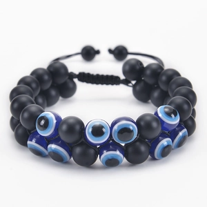 Double Layer Beaded Bracelet Natural Tiger Eye Lava Rock Evil Eye Adjustable Protection Jewelry Men