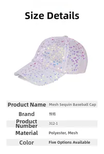 Detail view of light purple sequins mesh baseball cap with breathable polyester material