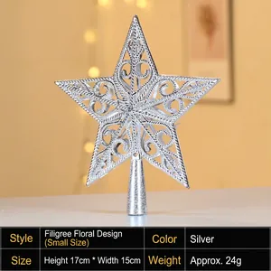 Detail view of silver hollow floral Christmas tree star topper measuring 17cm by 15cm