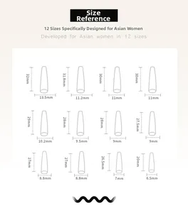 Size chart showing 12 different dimensions for long black and white press-on nails