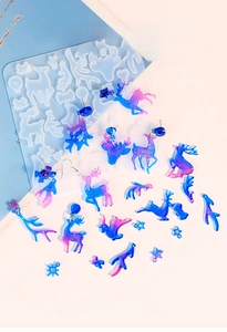 Macro view of silicone Christmas earring molds with resin deer and snowflake pendants