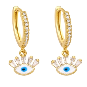 Golden Evil Eye drop earrings with blue enamel and sparkling baguette zircon accents