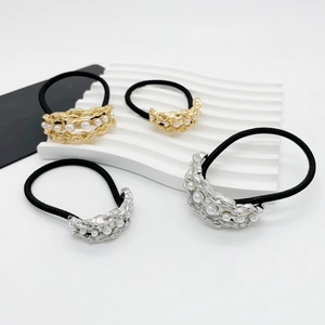 Fashionable braided metal hair ties with inlaid pearls in gold and silver finishes