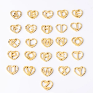 Set of 26 golden hollow heart-shaped alphabet pendants in polished stainless steel